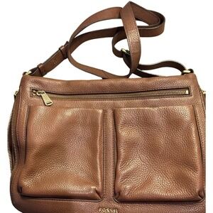 Fossil Cognac Brown Pebbled Leather Expandable Crossbody Messenger Bag ZB5406